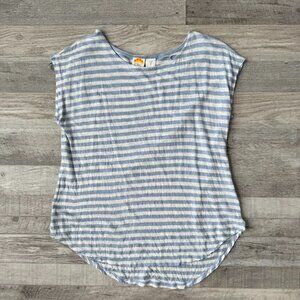 C&C California Linen Blue White Stripe Asymmetric Hem Short Sleeve Top G24